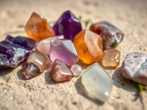 Verschiedene Heilsteine auf Sand